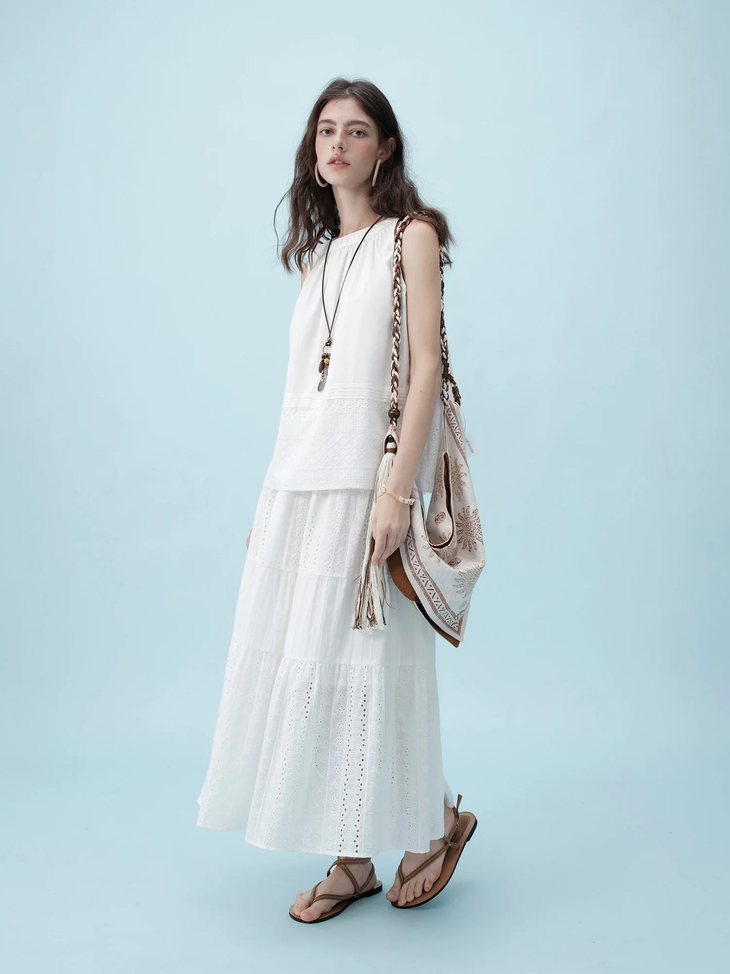 White Sleeveless Tiered Skirt Set