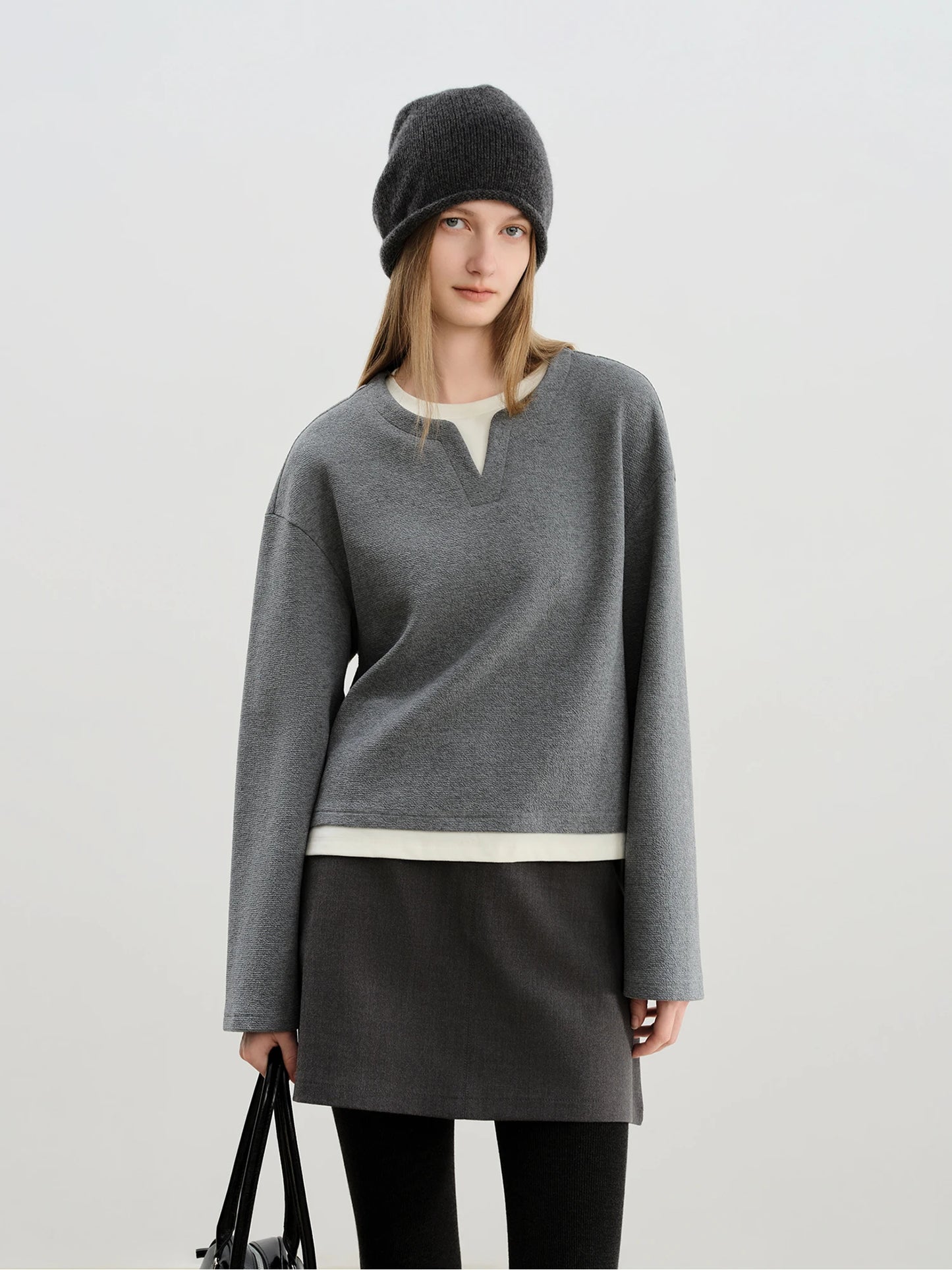 Gray Fleece Notch Neck Sweatshirt