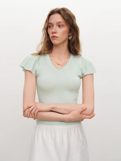 Pale Blue V-Neck Ruffle Tee