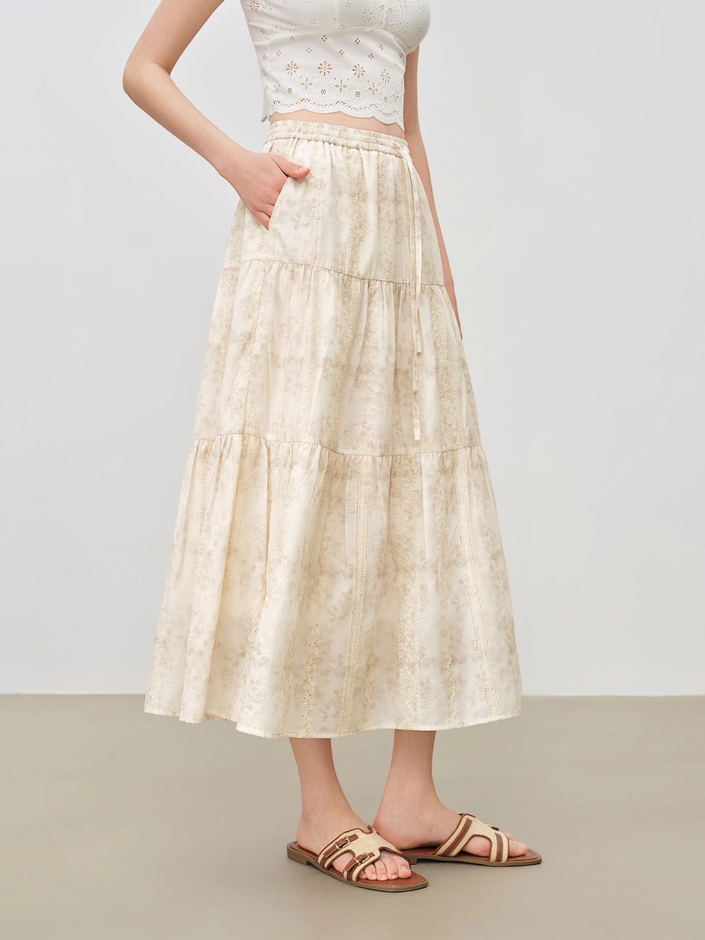 Cream Embroidered Tiered Midi Skirt