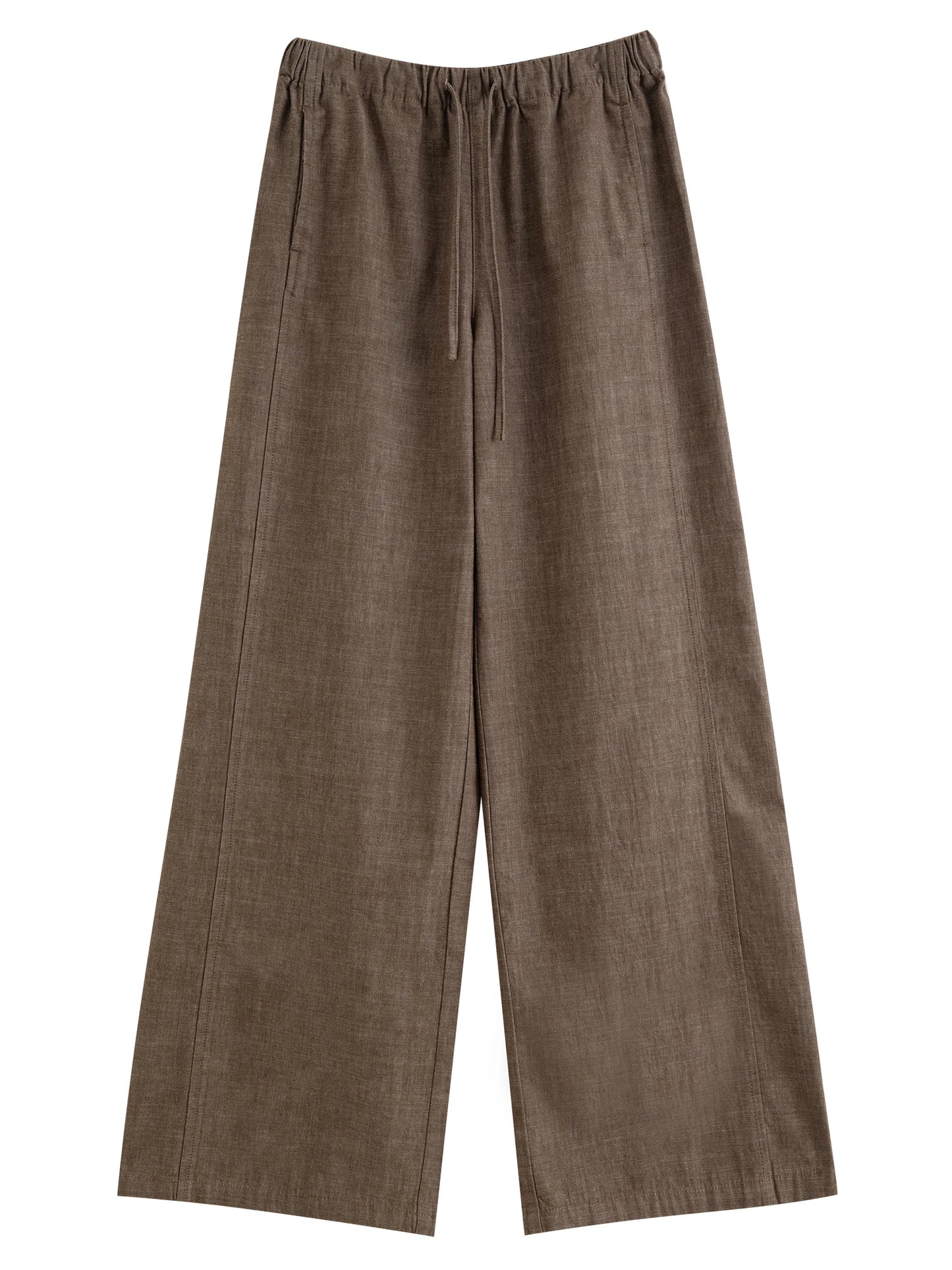 Brown Linen Drawstring Wide Pants