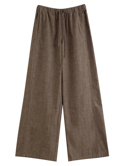 Brown Linen Drawstring Wide Pants