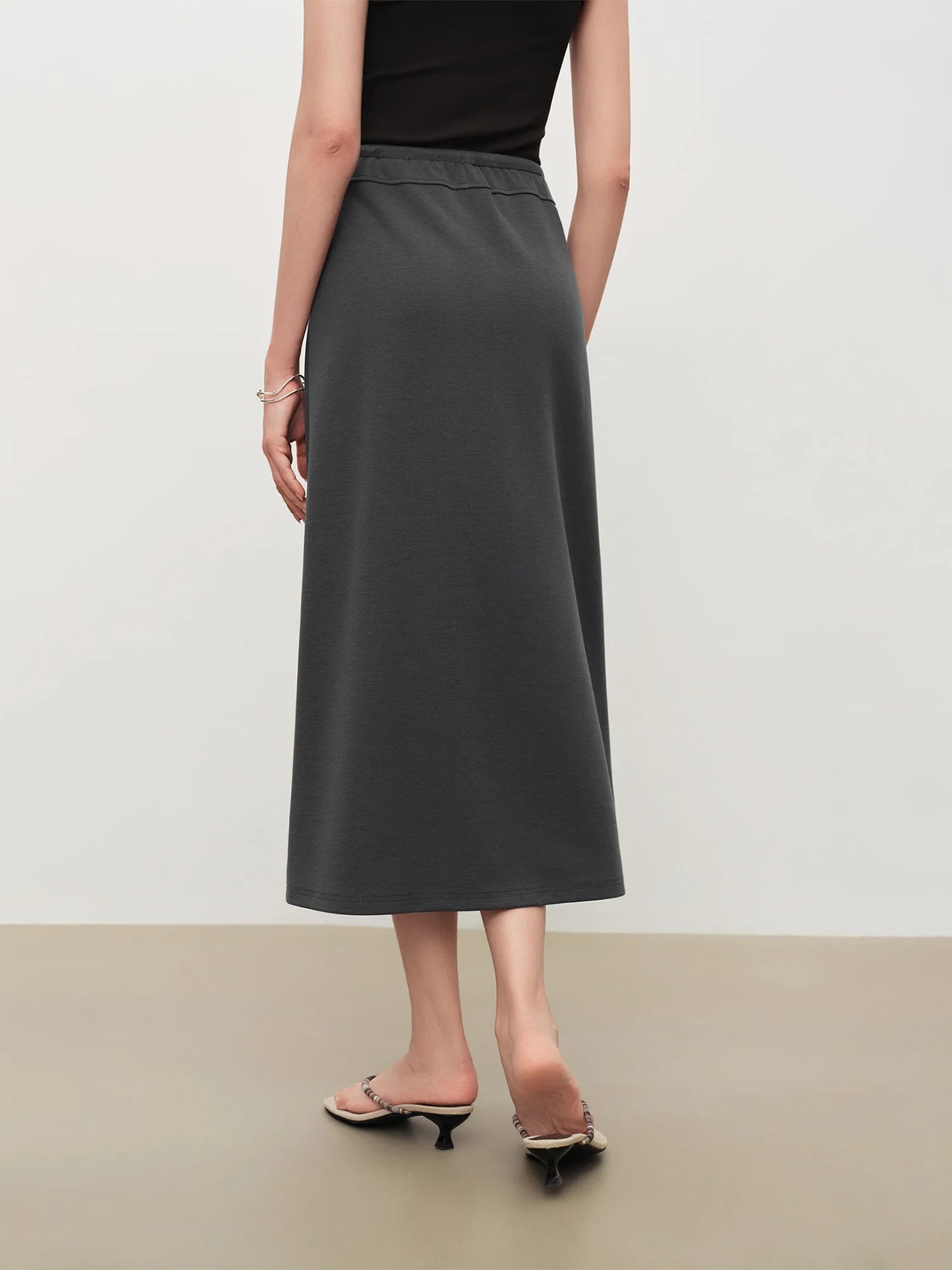 Grey Beaded Drawstring Midi Skirt