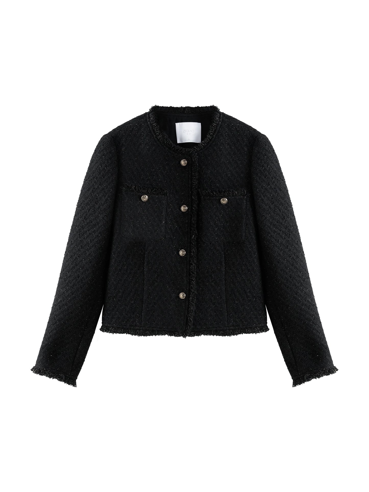 Black Fringe Trim Tweed Jacket