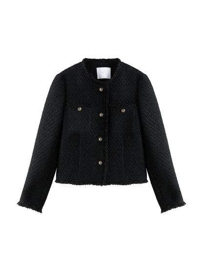 Black Fringe Trim Tweed Jacket