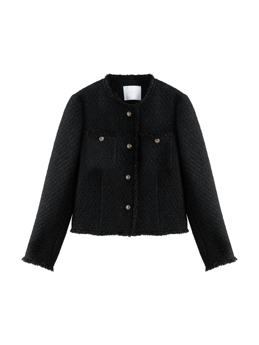 Black Fringe Trim Tweed Jacket