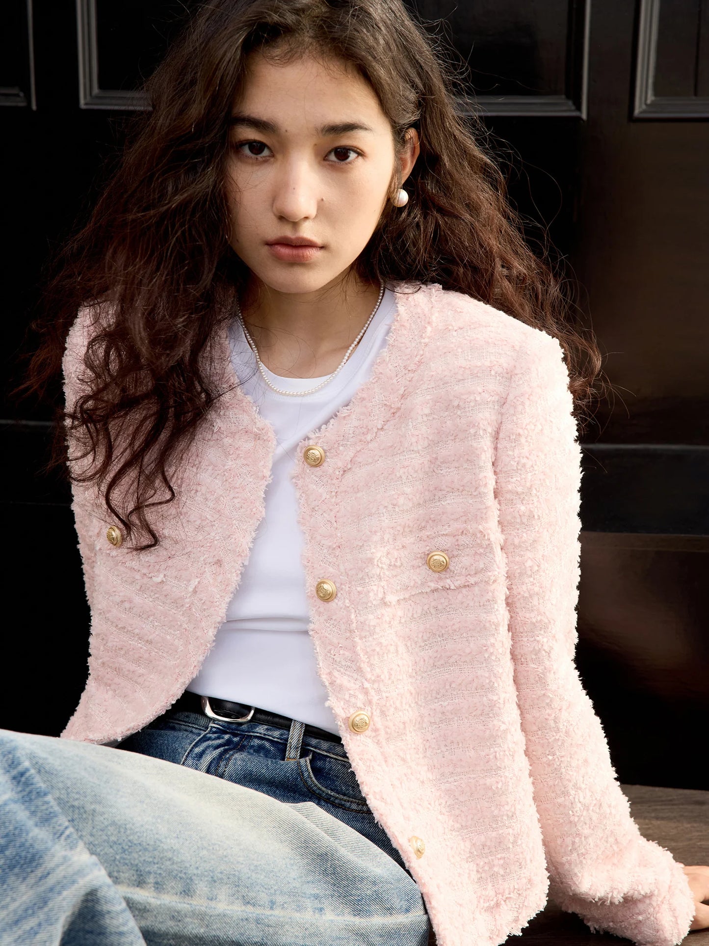 Pink Textured Tweed Jacket