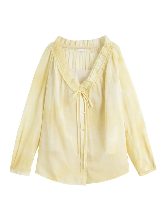 Yellow Floral Chiffon Tie Blouse