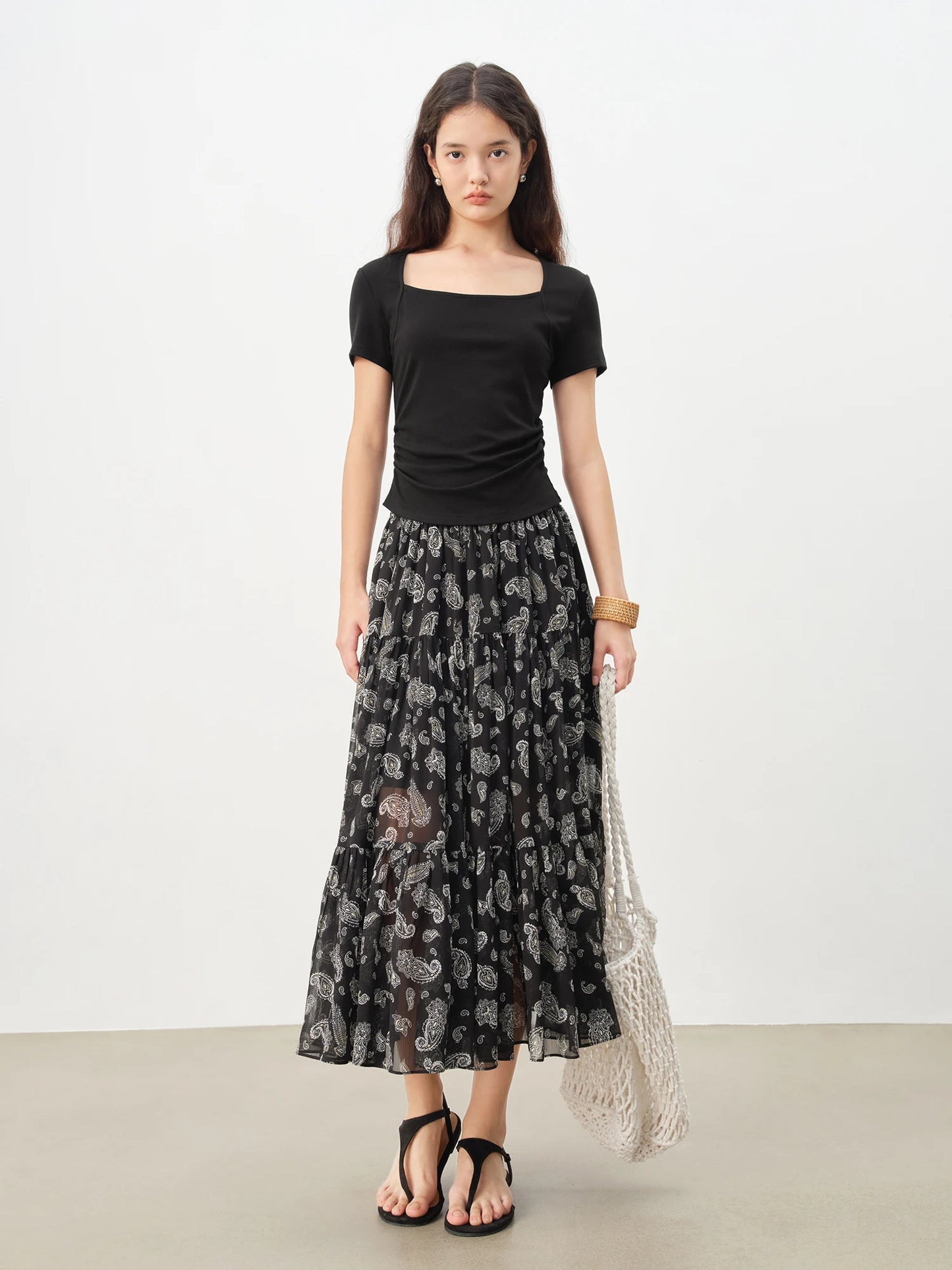 Paisley Chiffon Tiered Midi Skirt