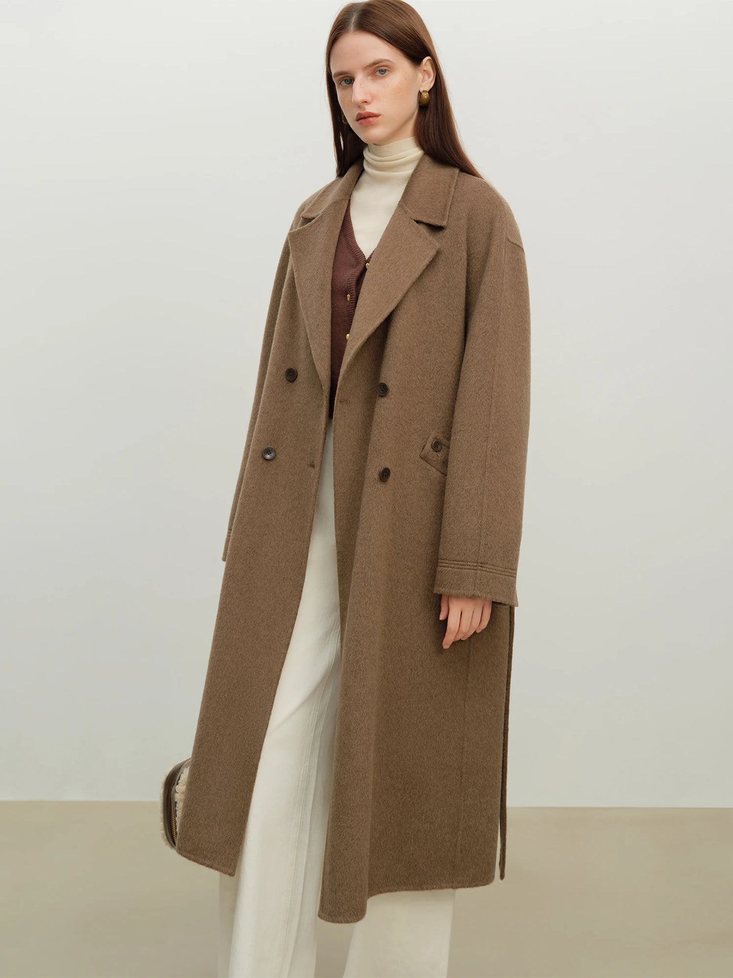 Cream Belted Lapel Wool Coat
