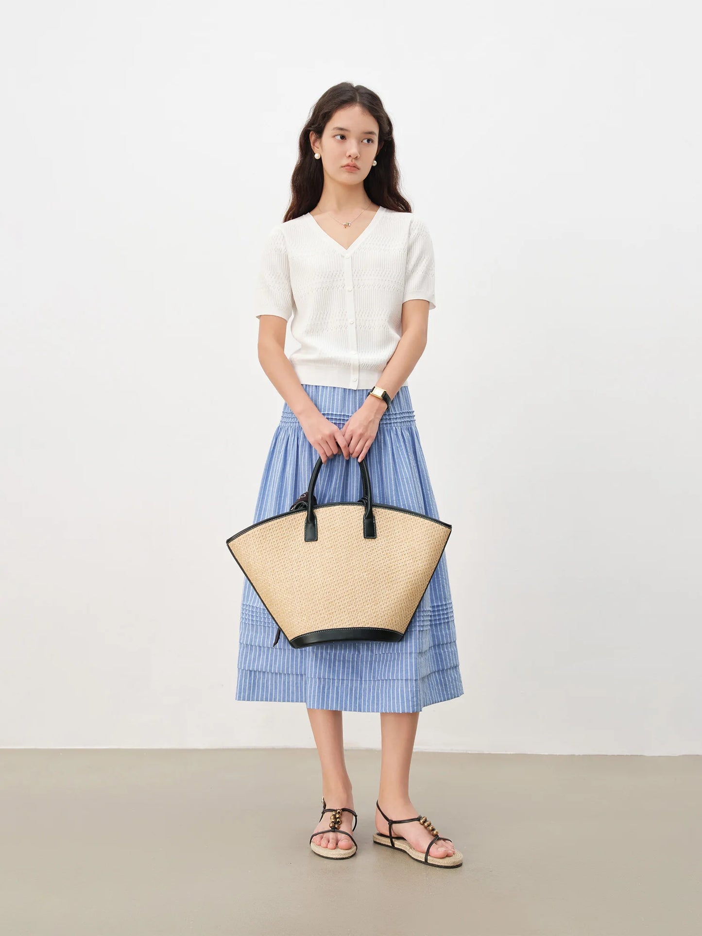 Blue Striped Tiered Midi Skirt