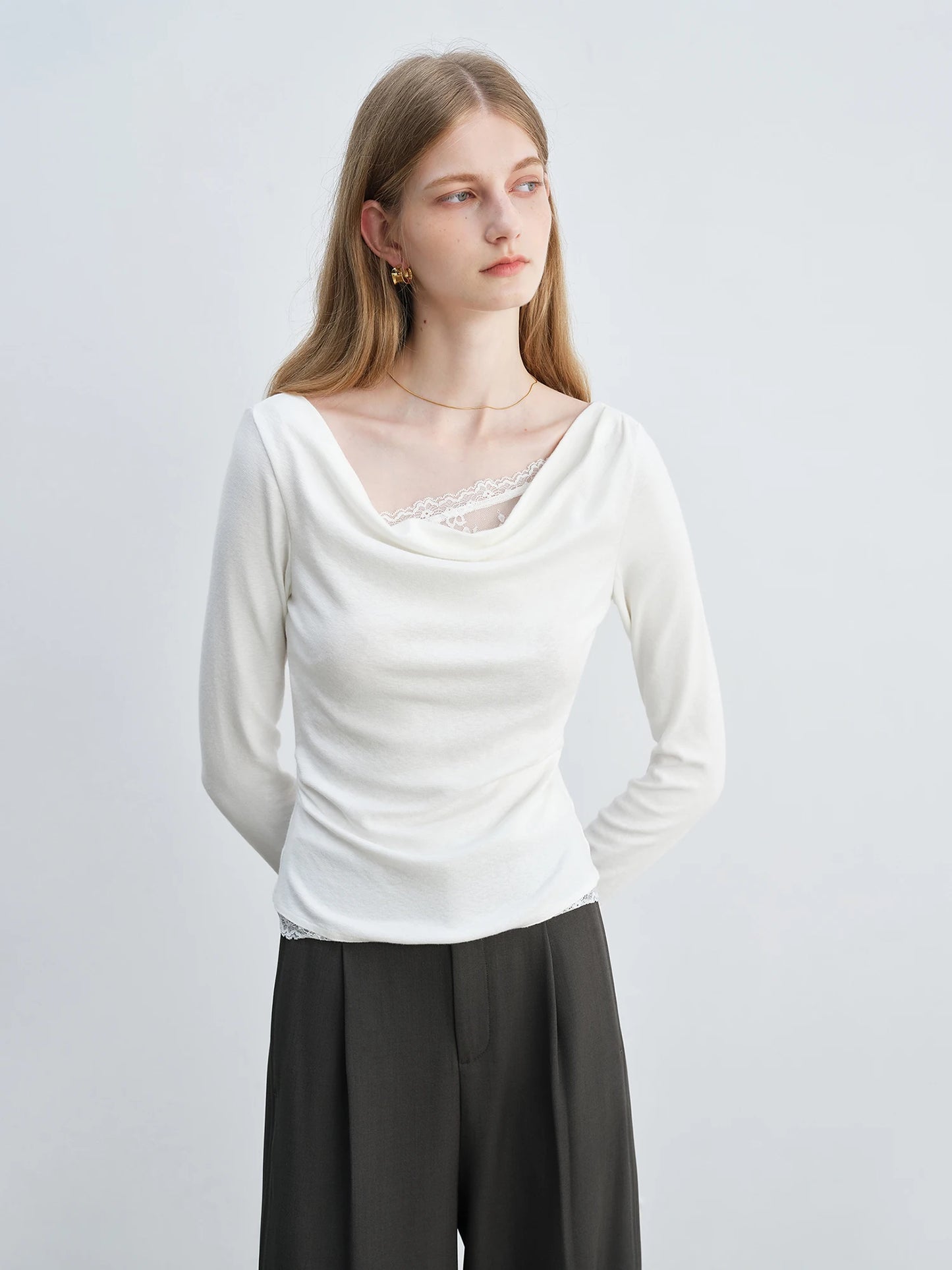 Mauve Lace Trim Cowl Neck Top