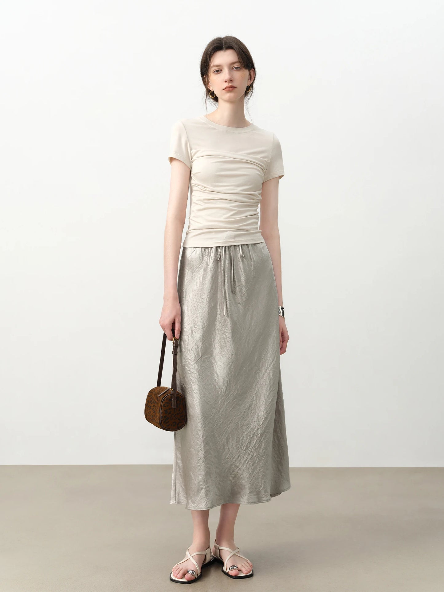 Silver Satin Drawstring Maxi Skirt