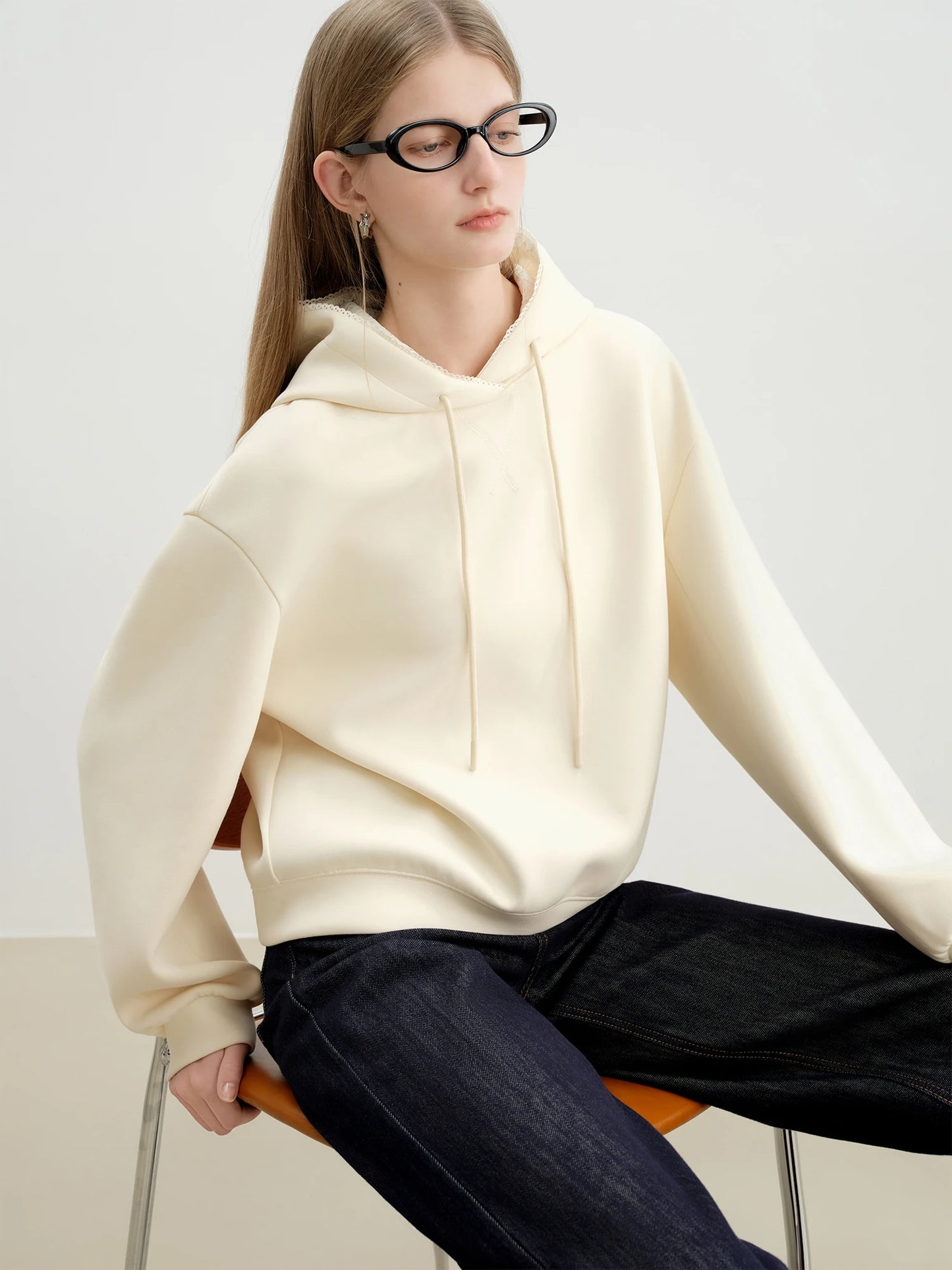 Ivory Lace Trim Drawstring Hoodie