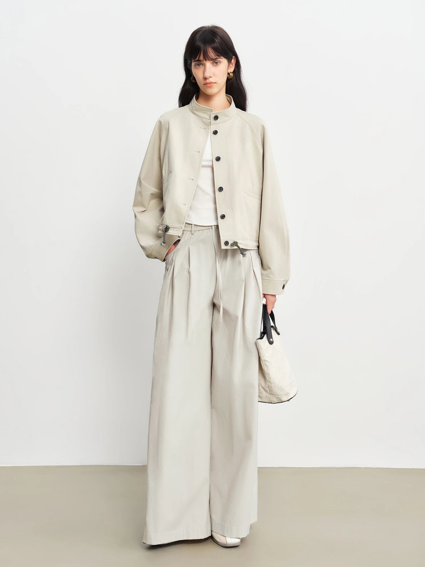 Beige Drawstring Hem Utility Jacket