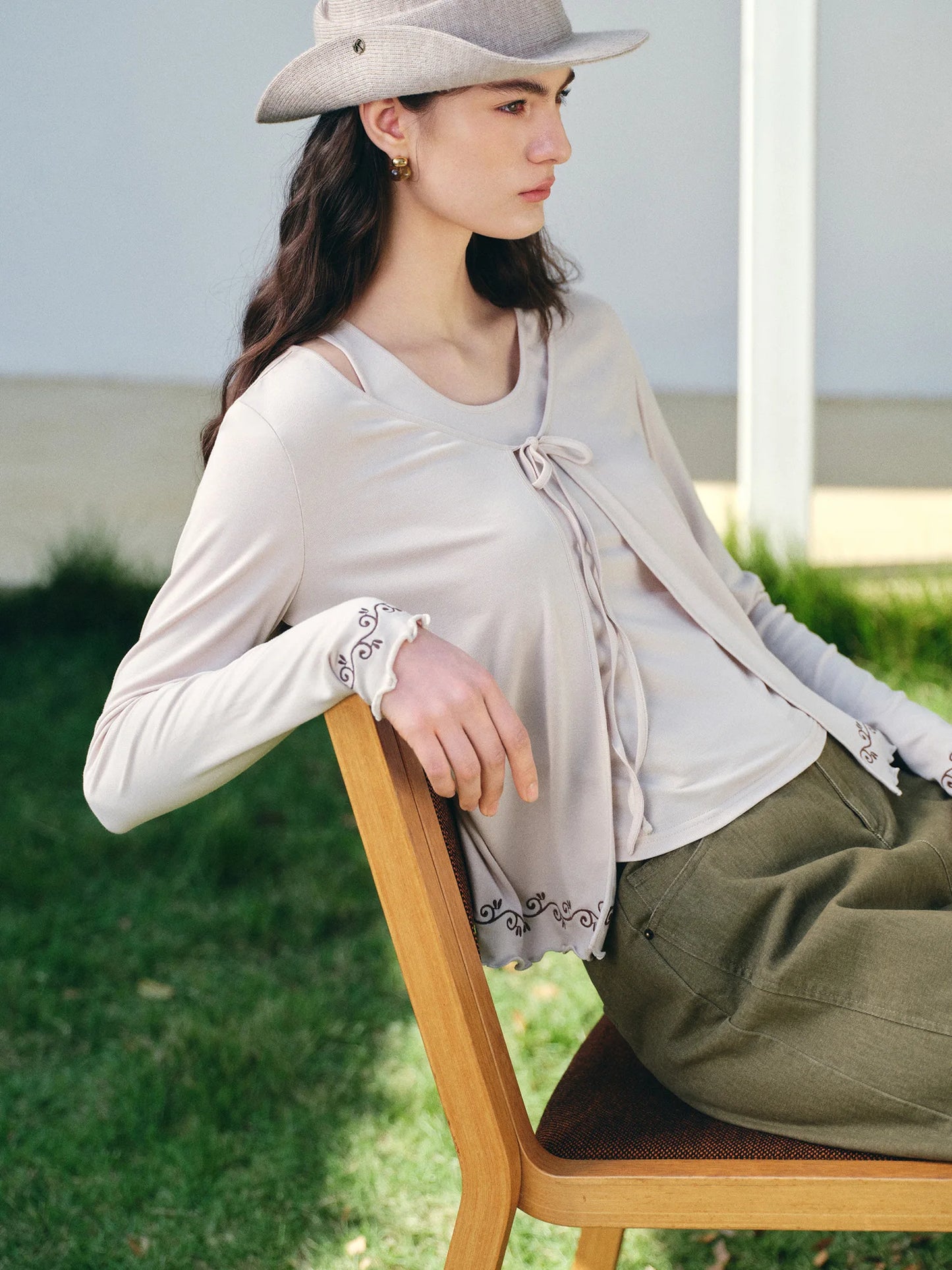 Cream Embroidered Tie Front Cardigan