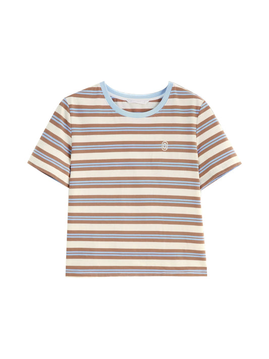 Brown Blue Striped Crew Neck Tee