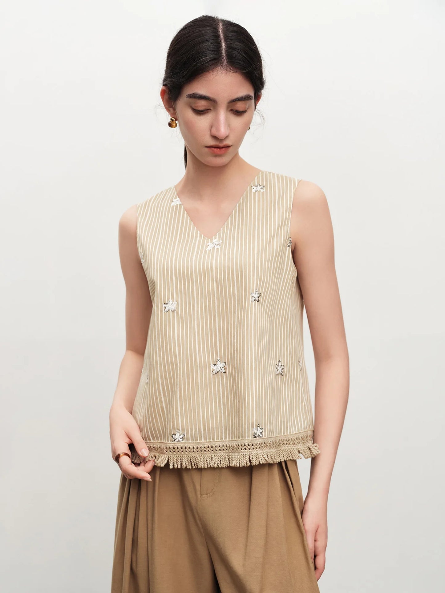 Ivory Beaded Striped Sleeveless Vest