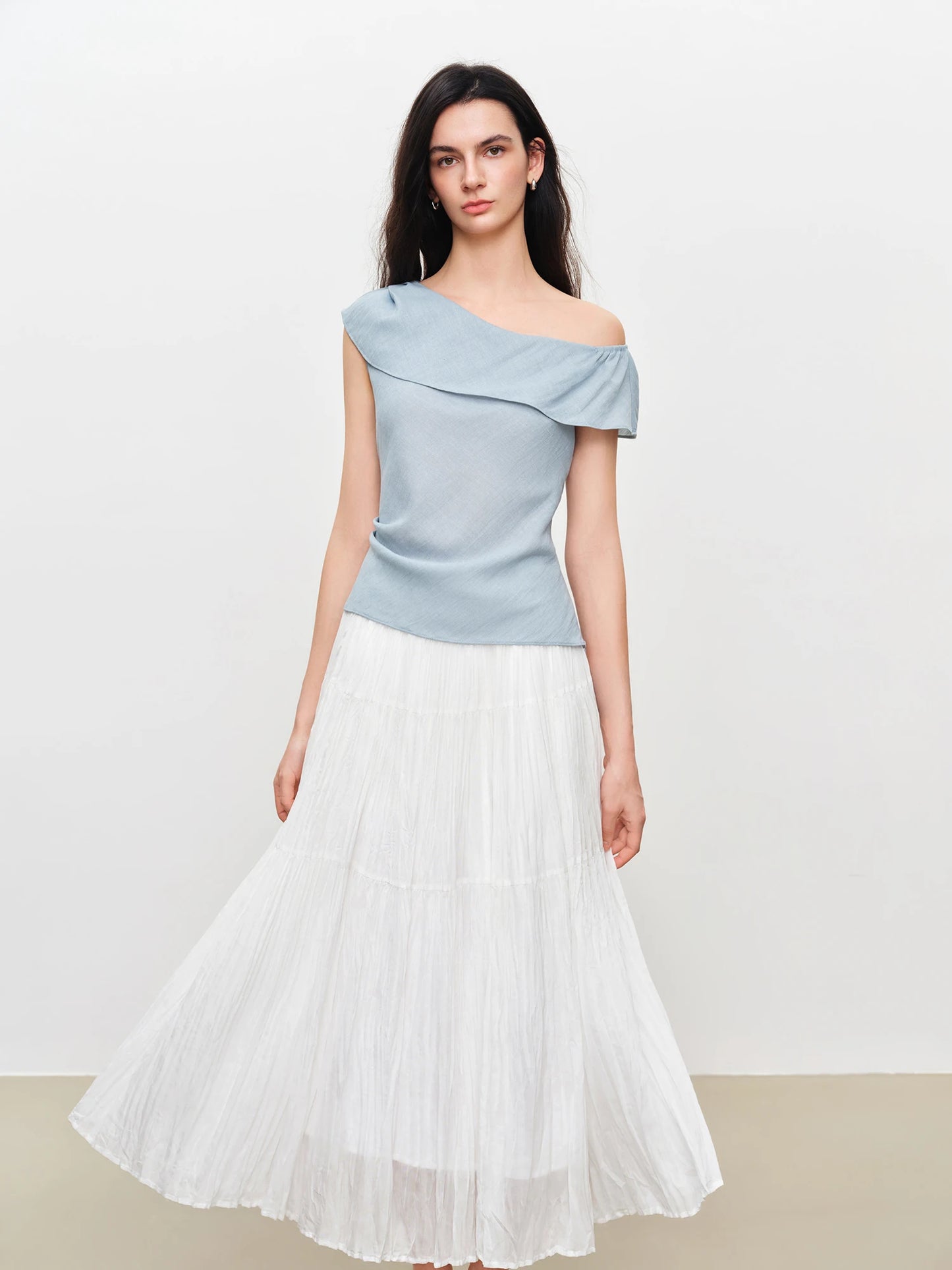 Pale Blue Asymmetric Ruffle Blouse