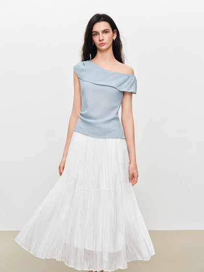 Pale Blue Asymmetric Ruffle Blouse