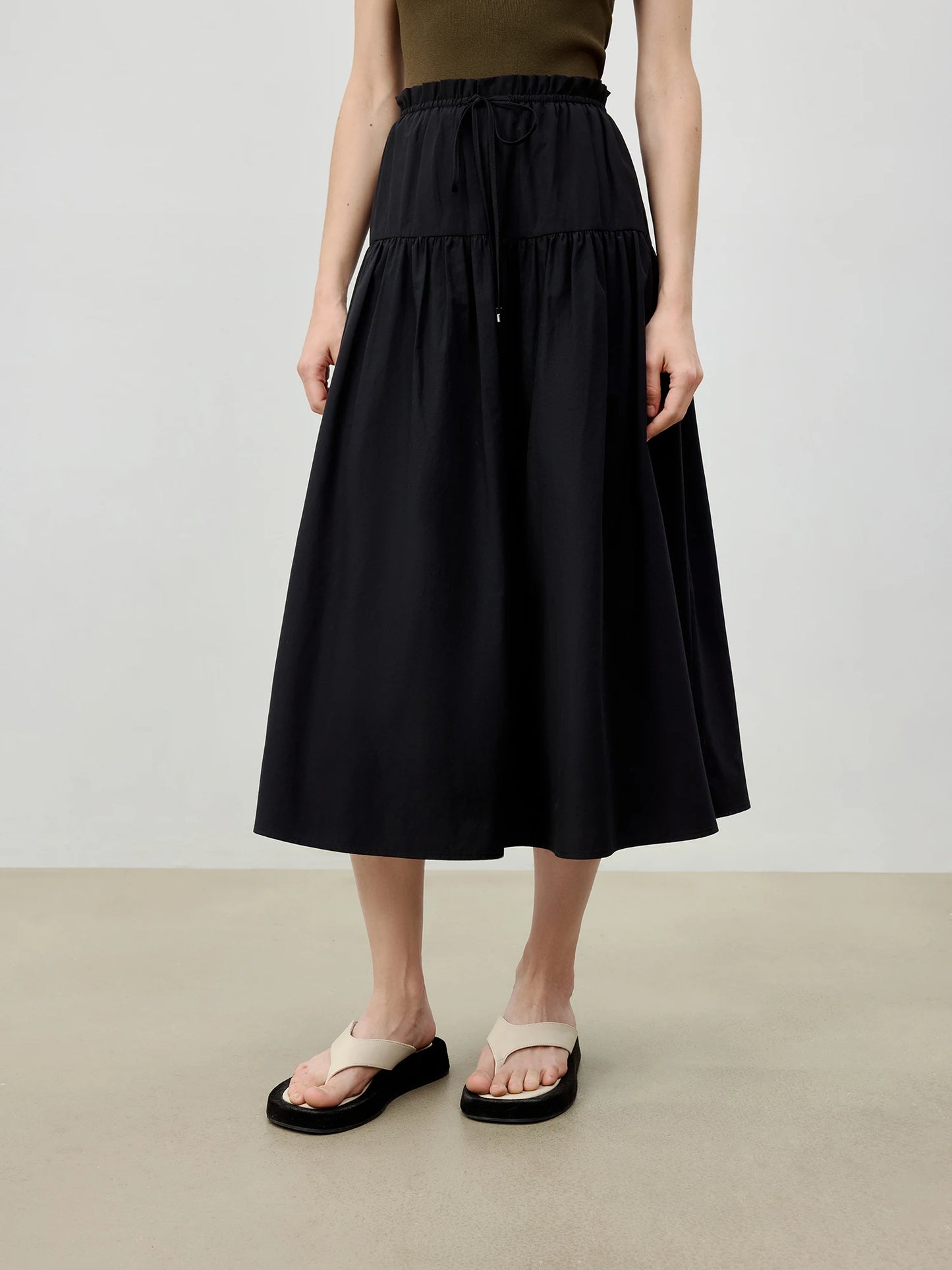 Gathered Drawstring A-Line Midi Skirt