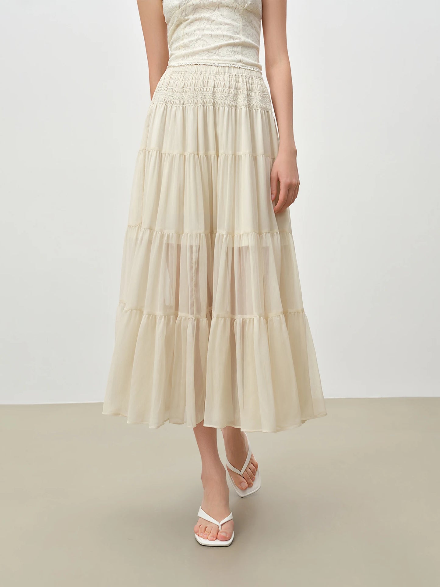 Textured Smocked Tiered Midi Skirt