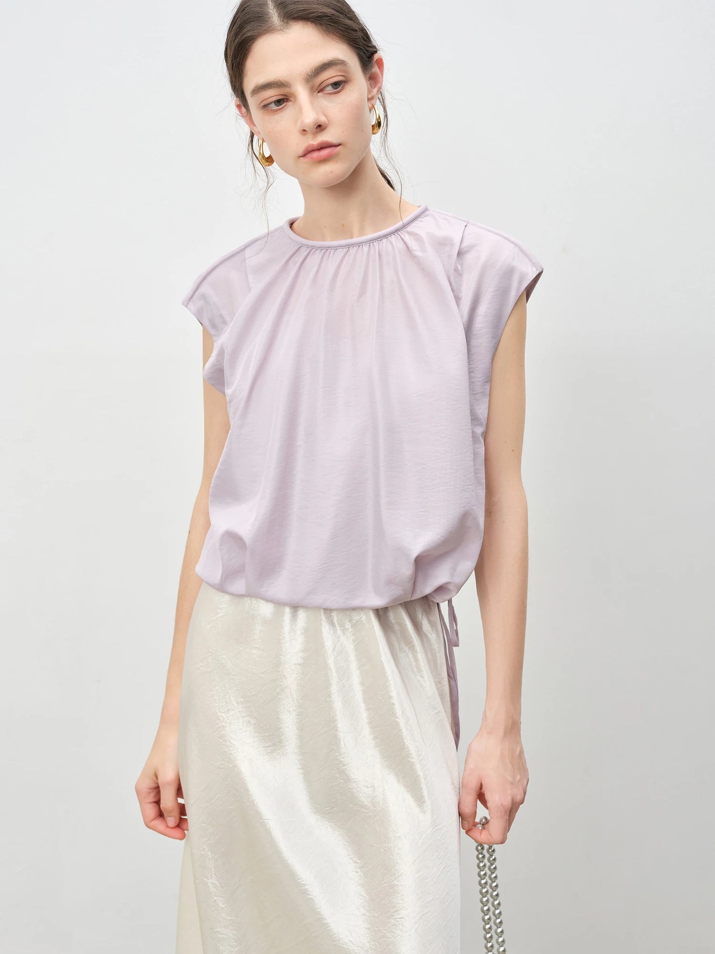 Lavender Gathered Neck Sleeveless Blouse