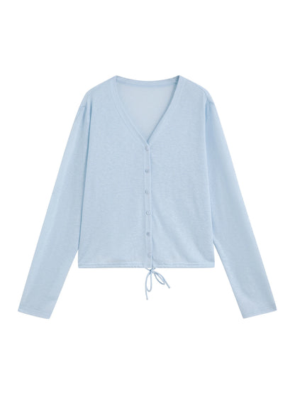 Blue Drawstring Hem Knit Cardigan