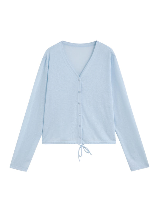 Blue Drawstring Hem Knit Cardigan
