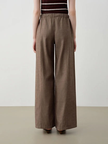 Brown Linen Drawstring Wide Pants