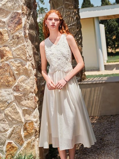 Ivory Embroidered V-Neck Midi Dress