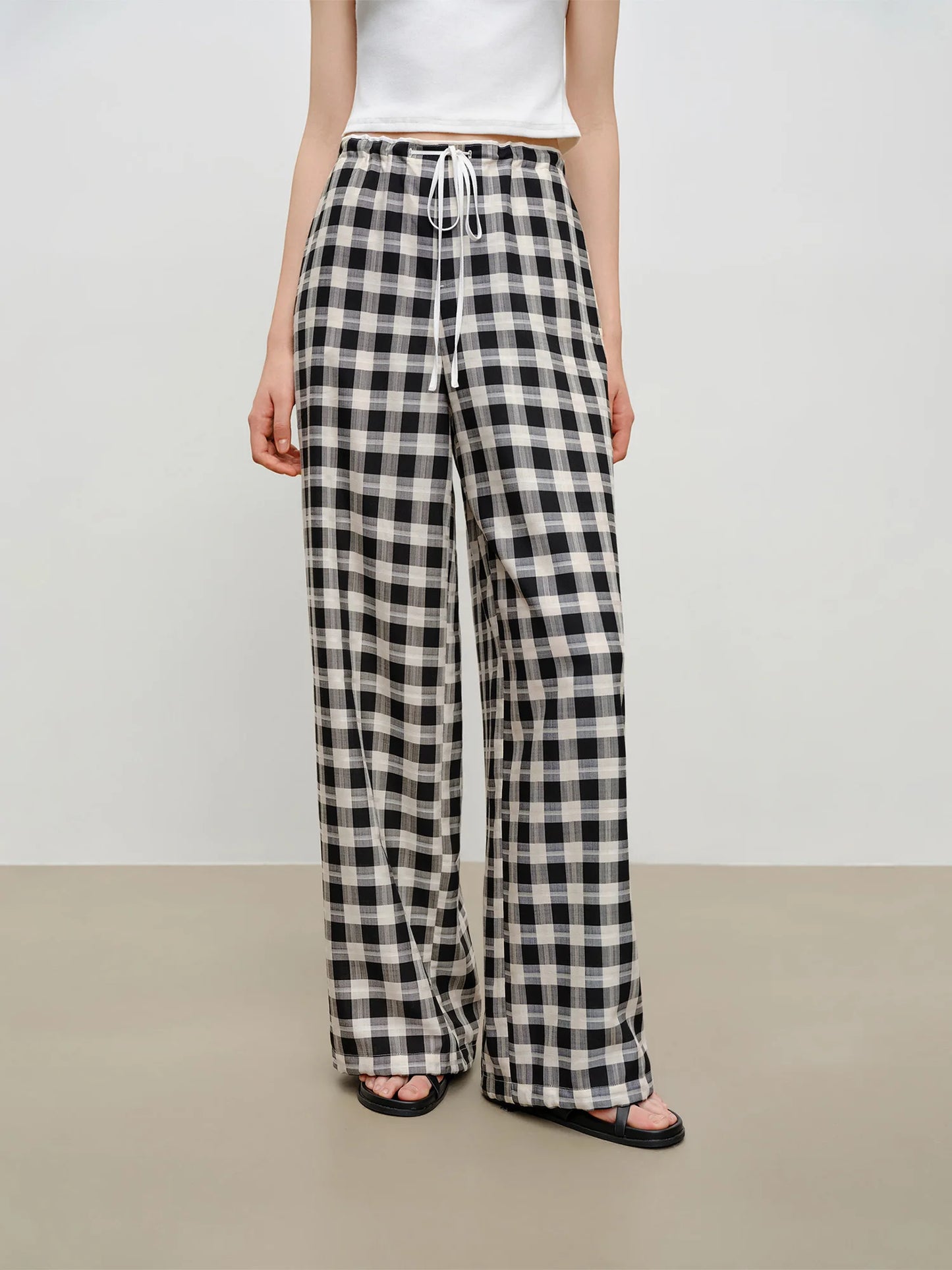 Black Plaid Drawstring Wide Pants