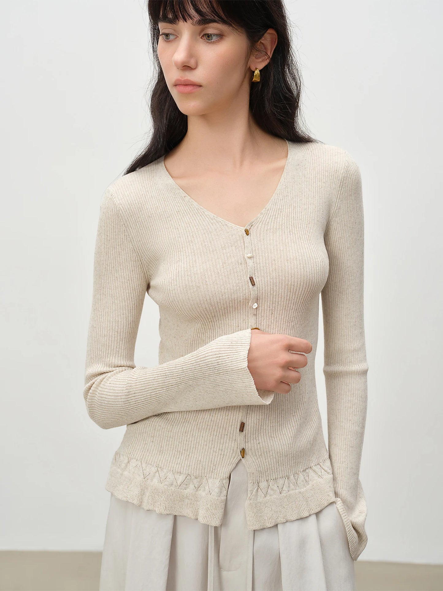 Beige Flounce Hem Knit Cardigan