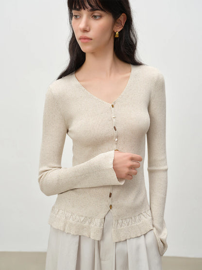 Beige Flounce Hem Knit Cardigan