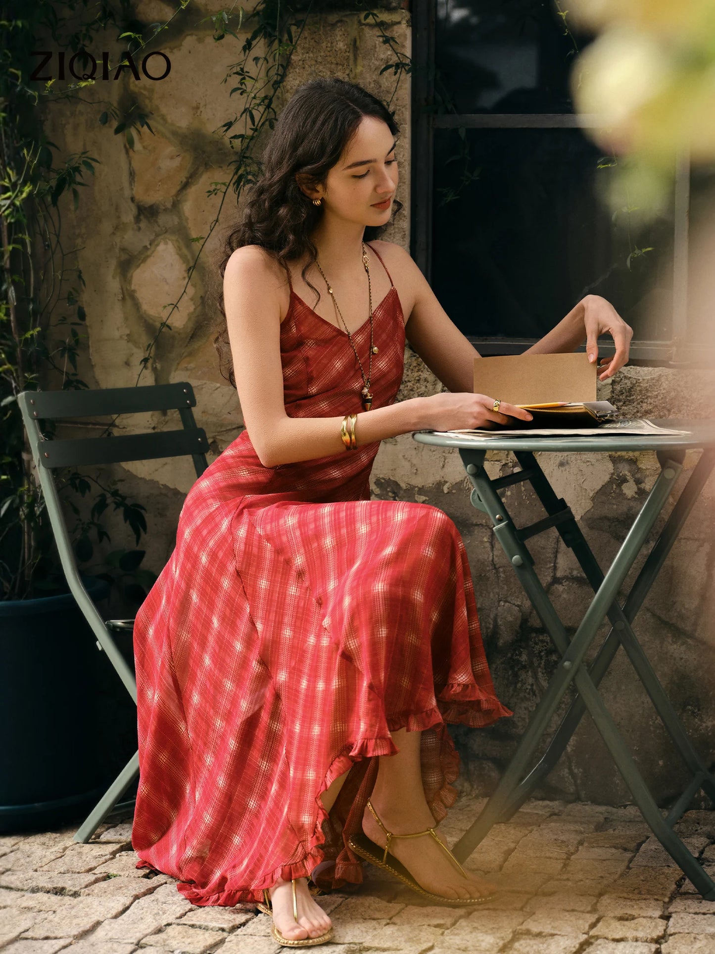 Red Check Halter Midi Dress