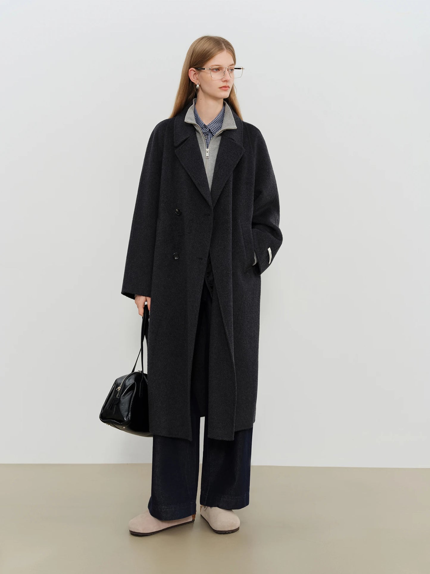 Black Belted Lapel Wool Coat