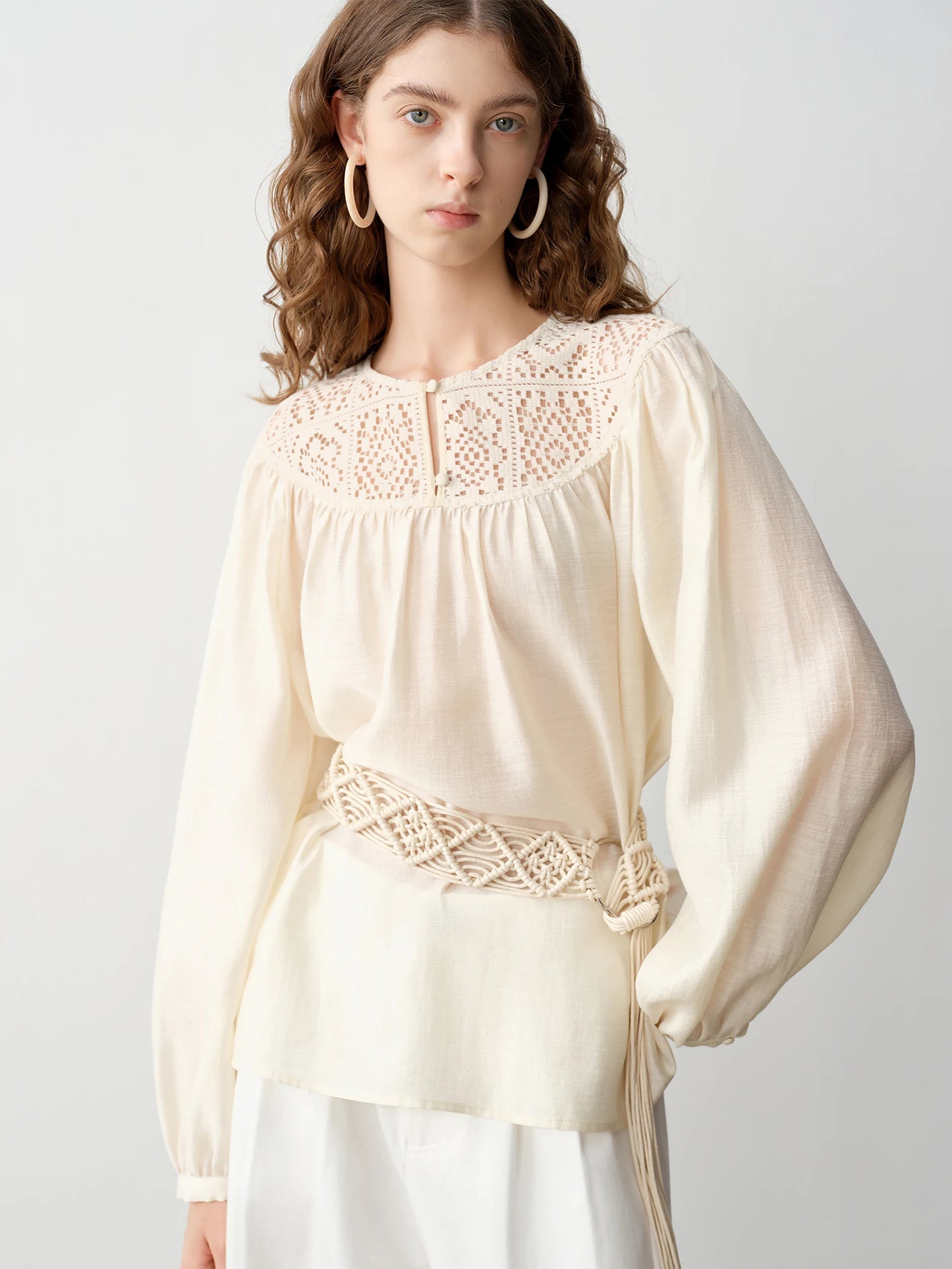 Ivory Openwork Panel Blouse
