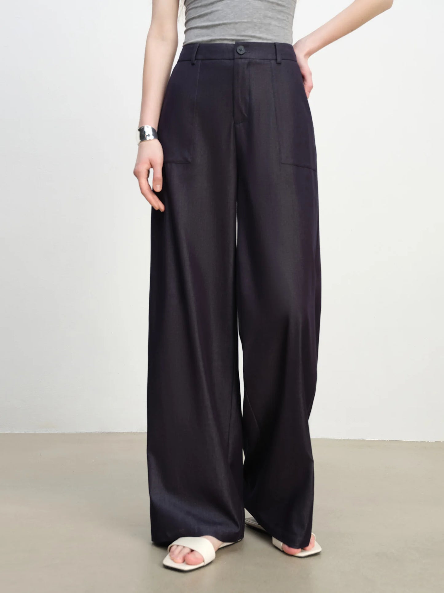 Navy Textured Wide Leg Pants