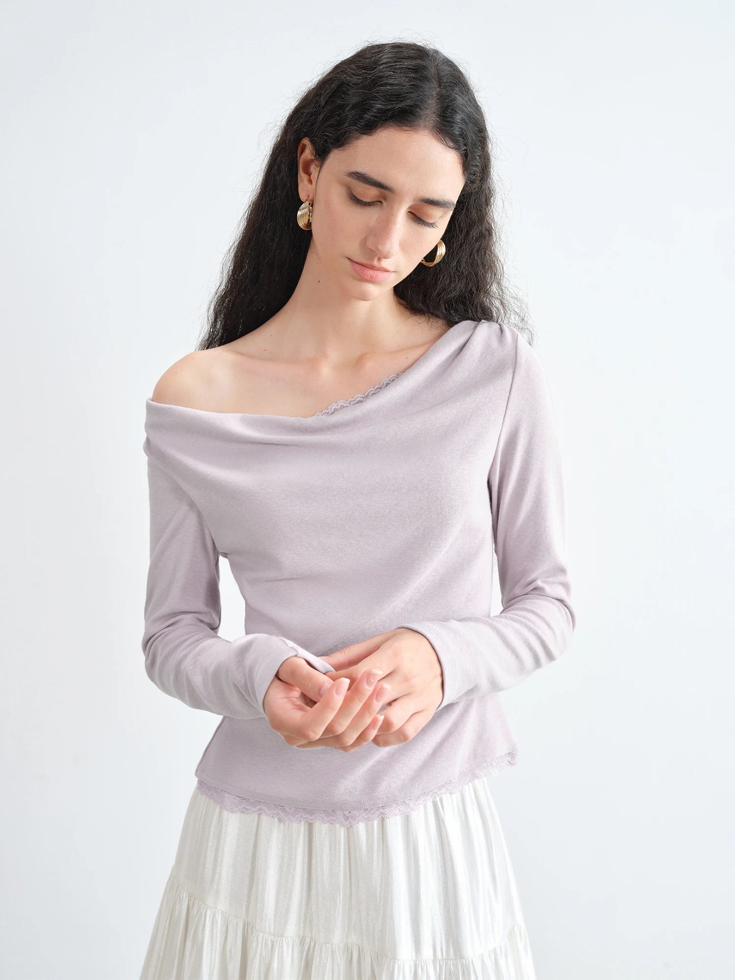 Mauve Lace Trim Cowl Neck Top