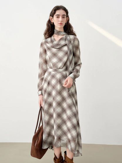 Plaid Ruffle Neck Midi Dress
