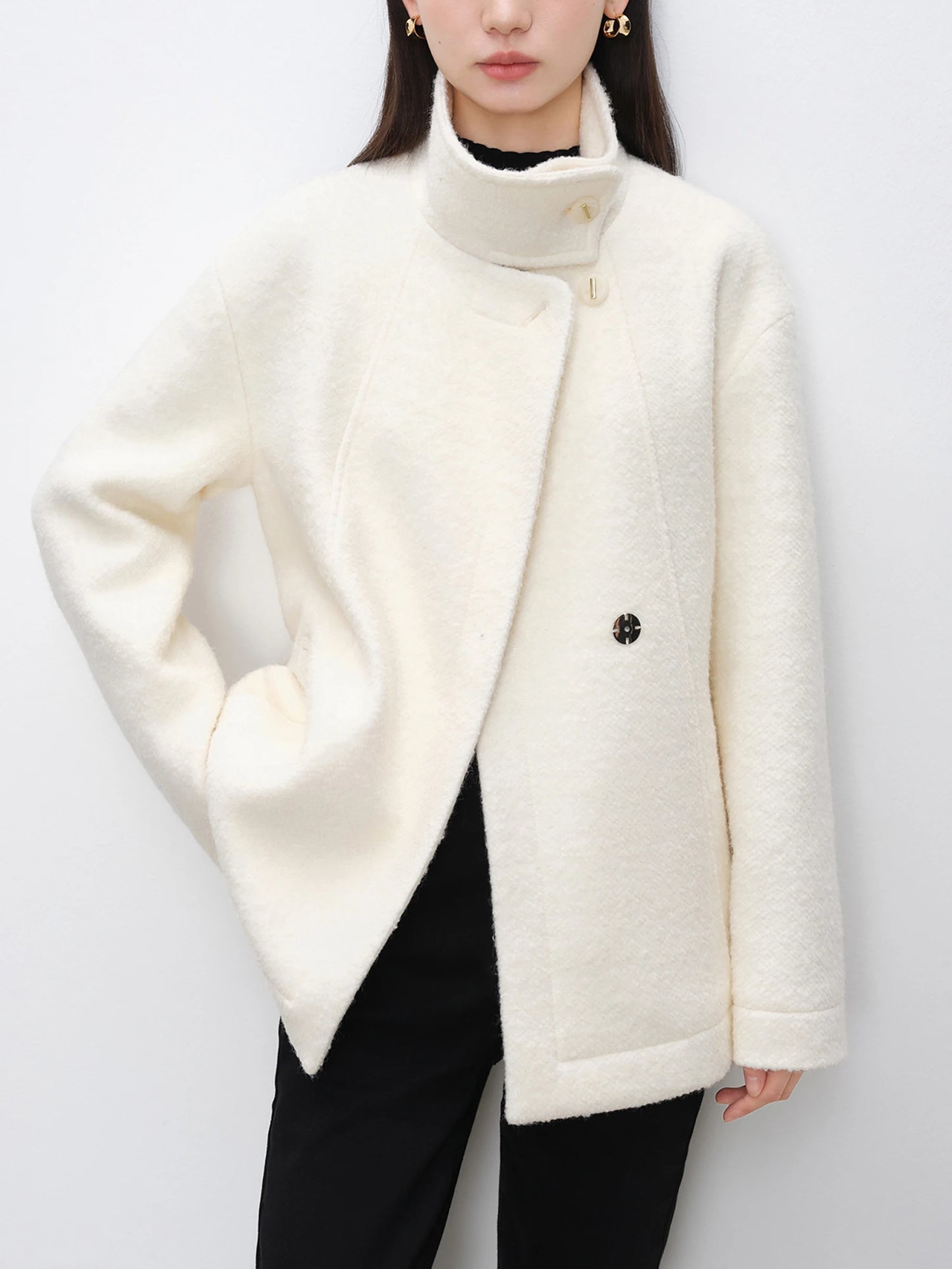 Ivory Belted Stand Collar Coat