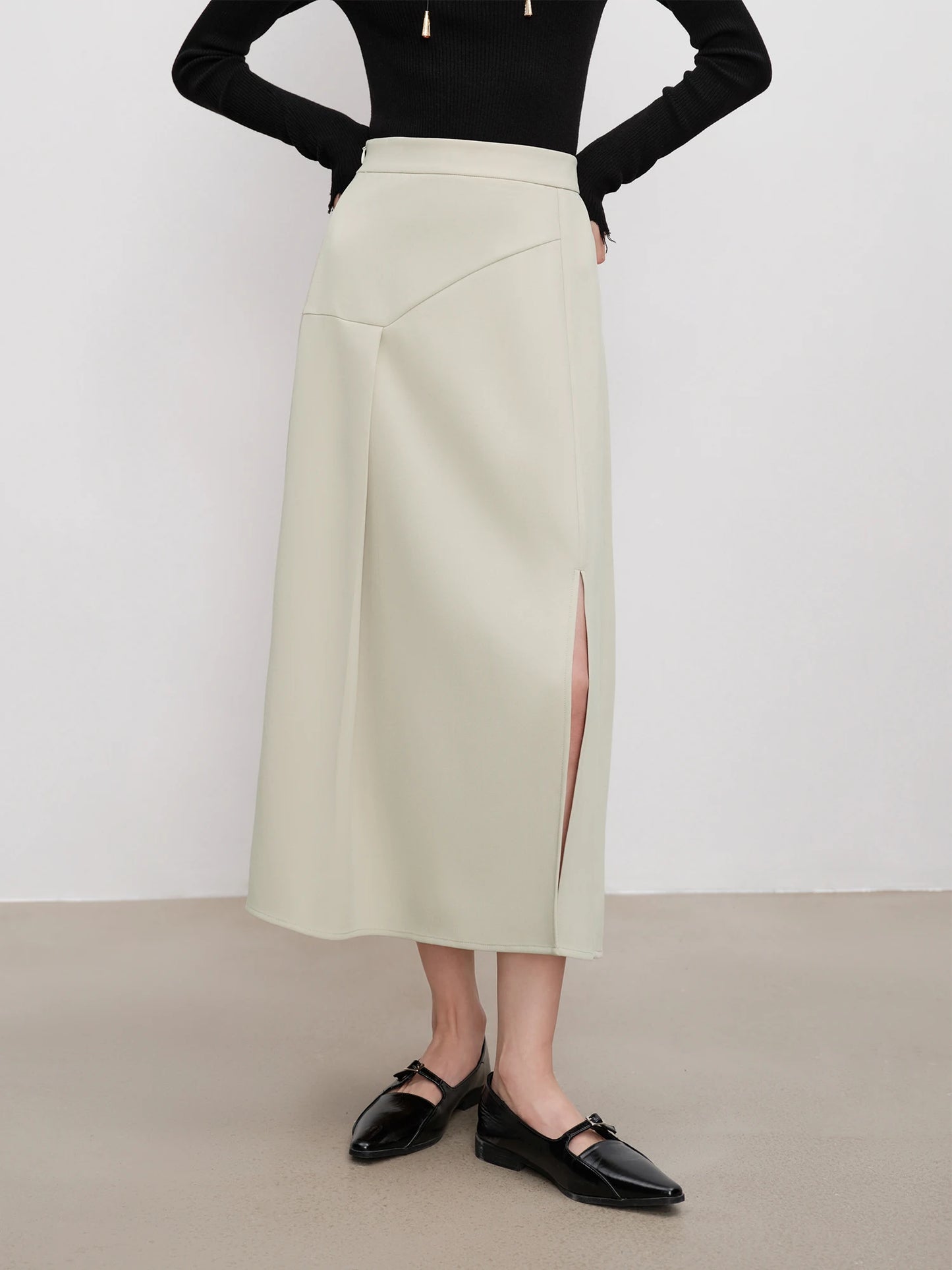 Black Asymmetric Slit Midi Skirt