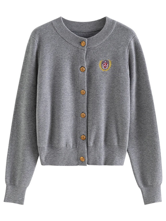 Grey Embroidered Button Cardigan