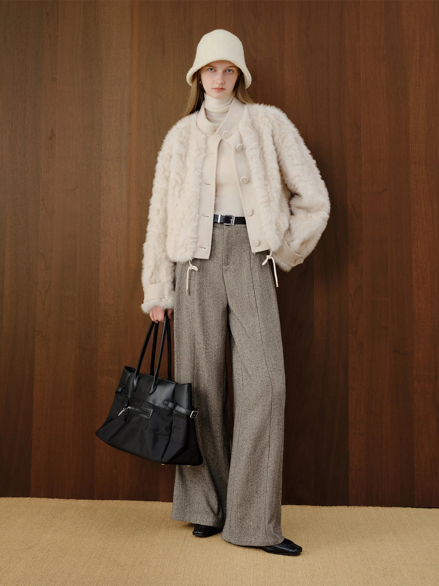 Herringbone Pleated Wide Leg Trousers