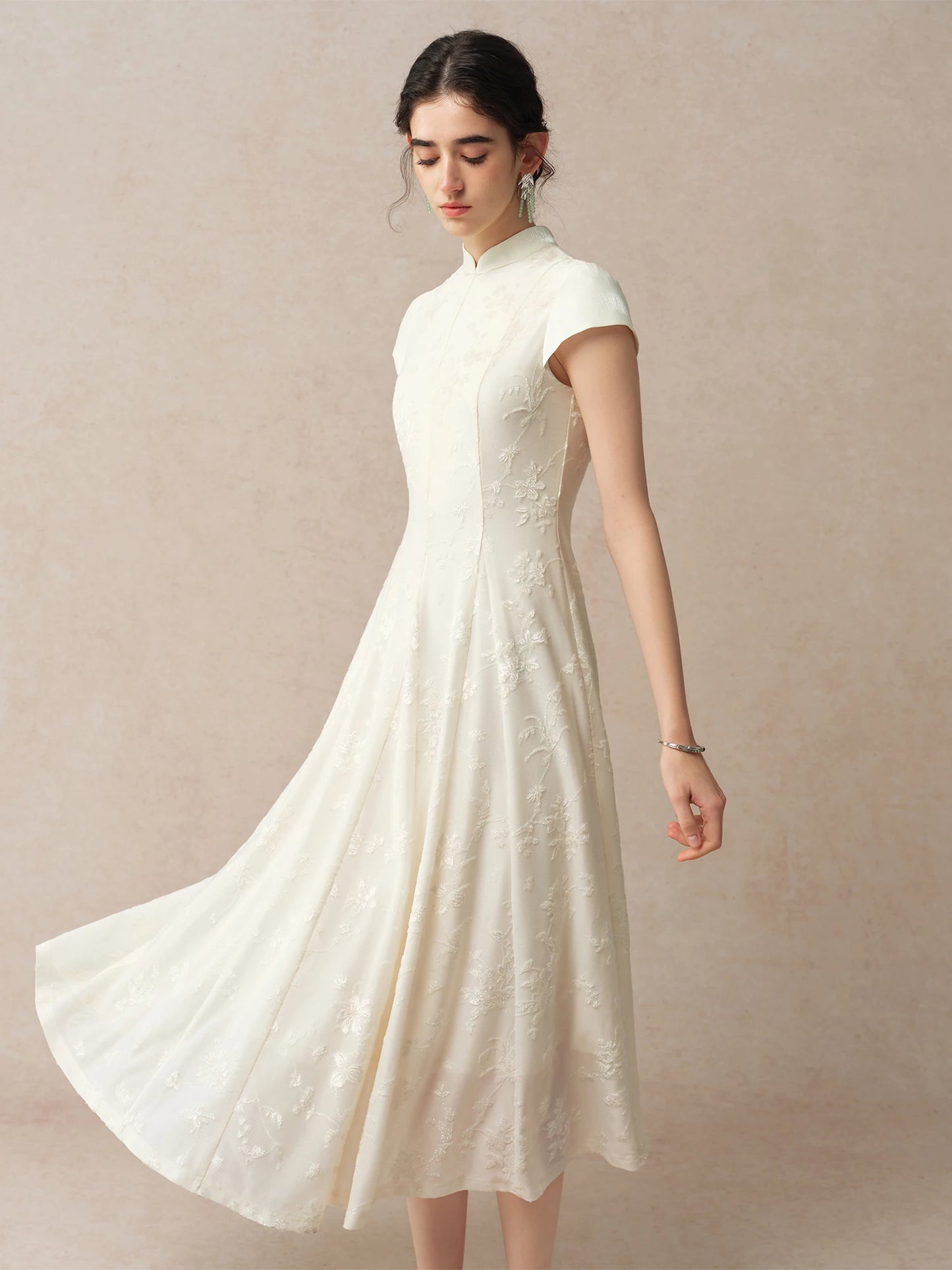 Ivory Jacquard Qipao Midi Dress