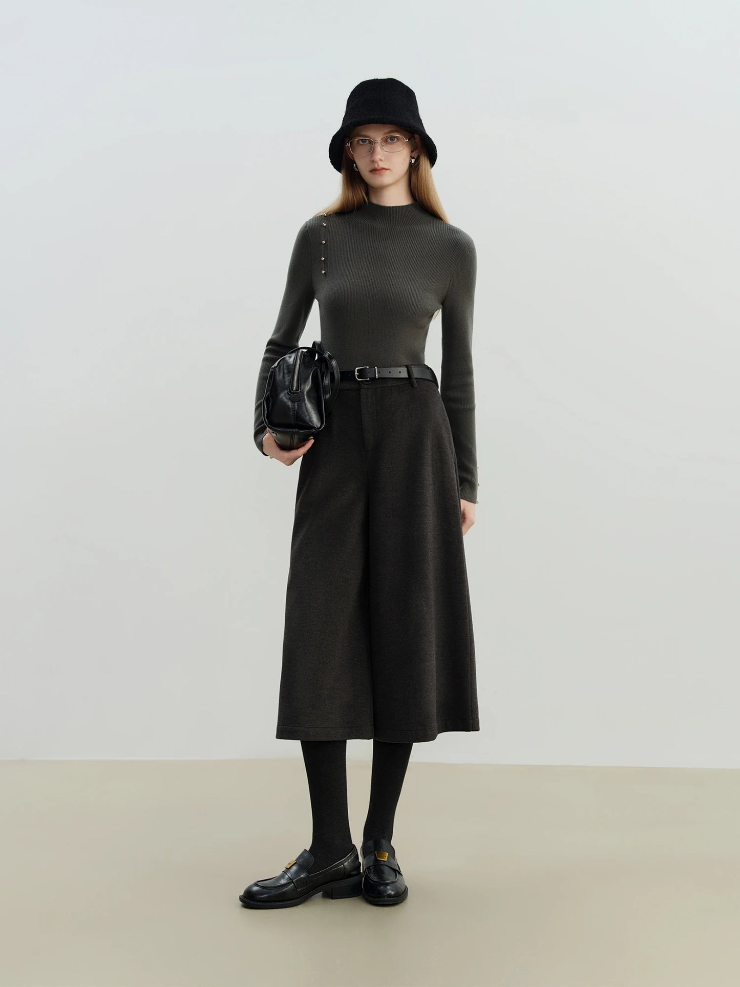 Charcoal Wool Blend Wide Leg Pants