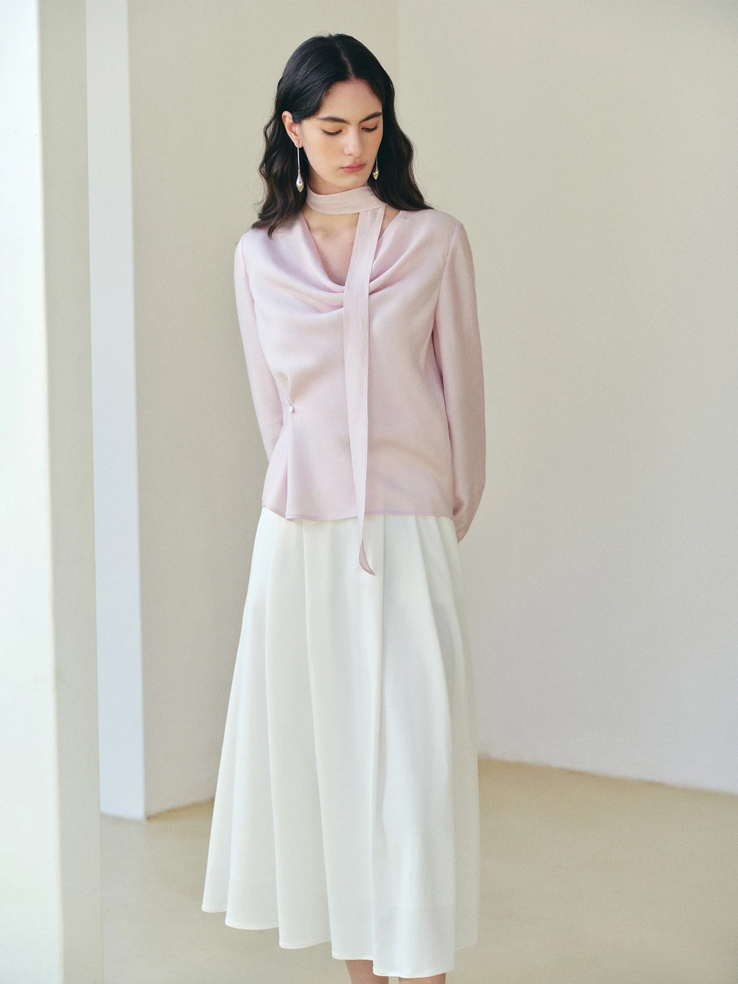 White Structured Pleated Midi Skirt