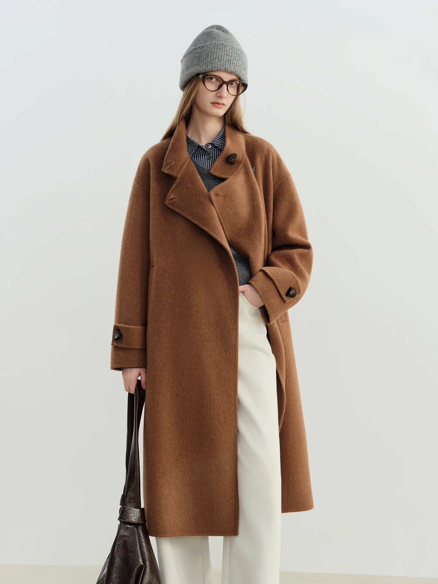 Grey Lace-Up Short Wool Coat