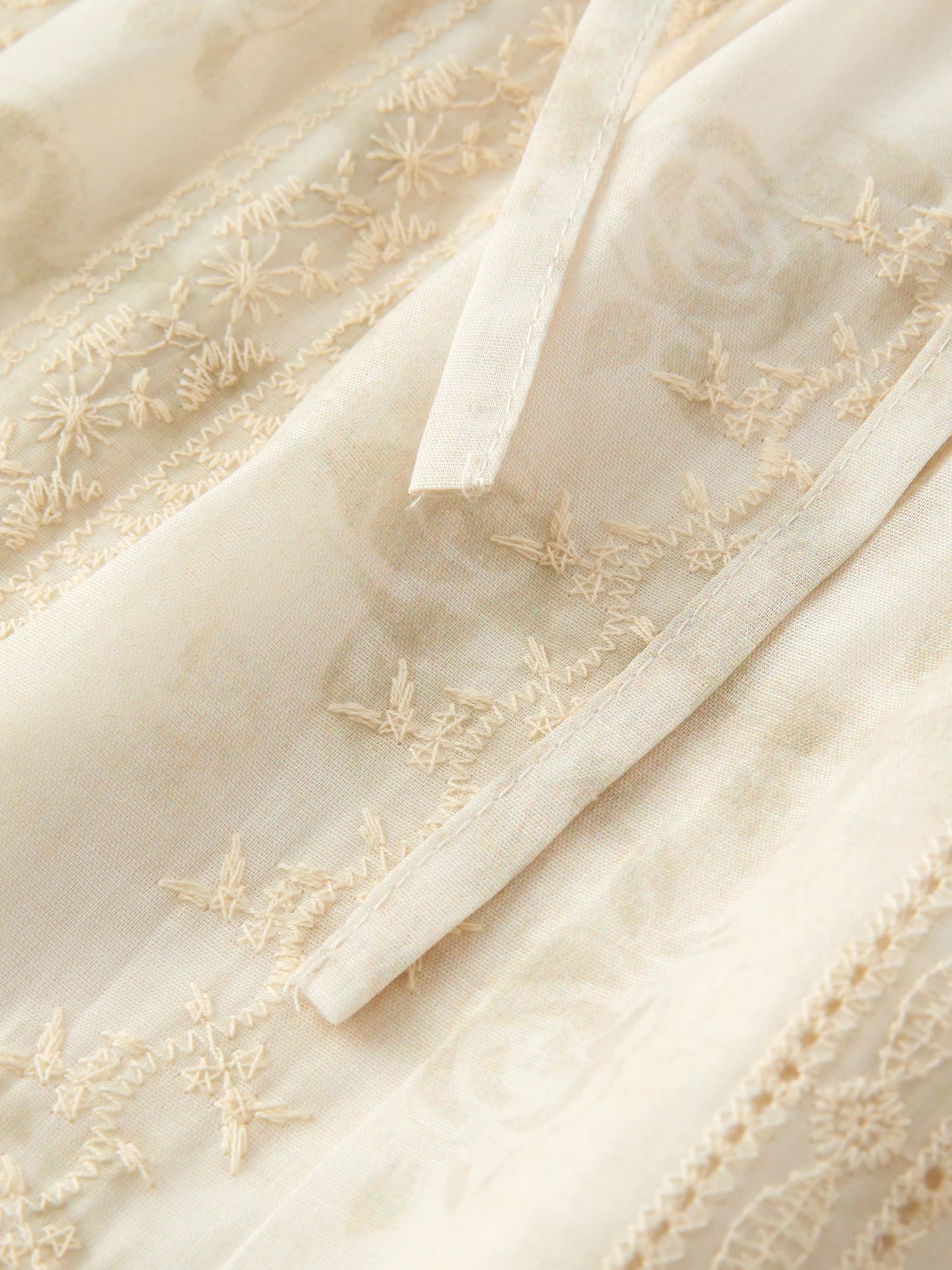 Cream Embroidered Tiered Midi Skirt