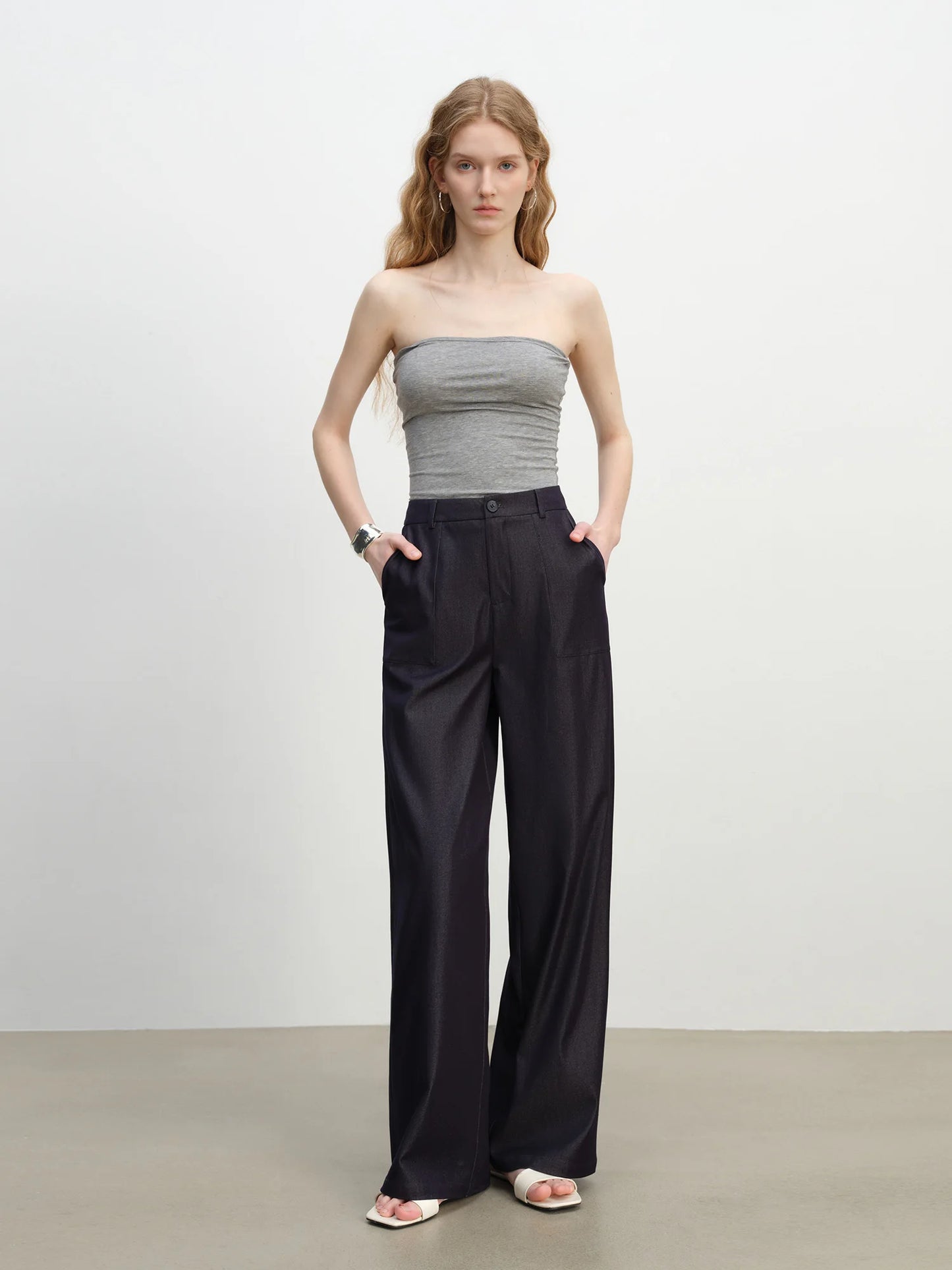 Navy Textured Wide Leg Pants